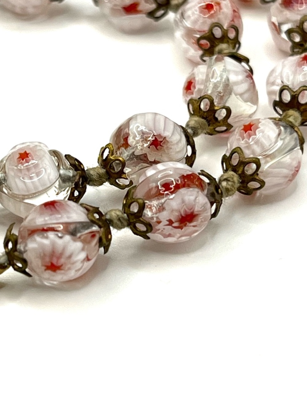 Venetian Art Glass Pink Floral Glass Bead Vintage Wedding Cake Necklace